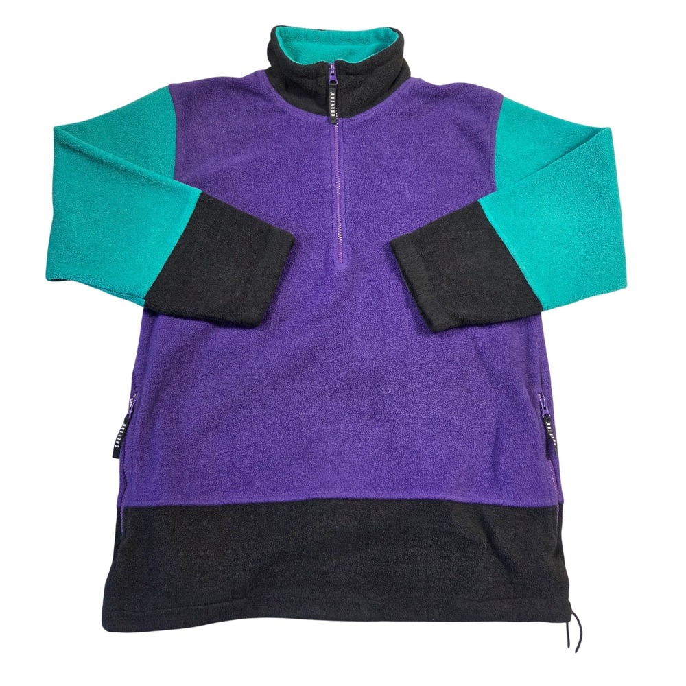 Vintage 70s Cheetah Fleece Pullover Sweatshirt Colorblock Purple Mens M Retro